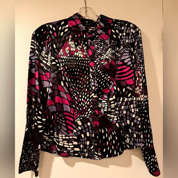 Polyester patterned button down blouse - Picture 1 of 6
